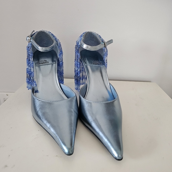 JEFFREY CAMPBELL Show Stop Light Blue Metallic Beaded Fringe Leather Pumps - Picture 13 of 16